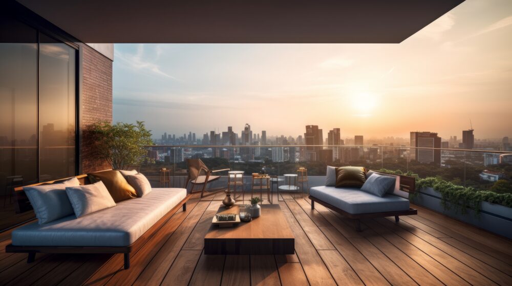 Outdoor entertainment area overlooking a city skyline to represent the lifestyle management opportunity for BTR communities