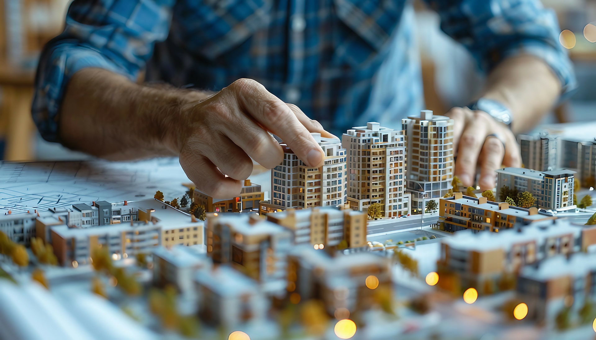 Man placing a wooden model residential building into a model of a master plan site with other small scale wooden buildings around it.