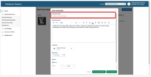 A screenshot of the front desk instruction module and how it can be used to save emergency procedures.